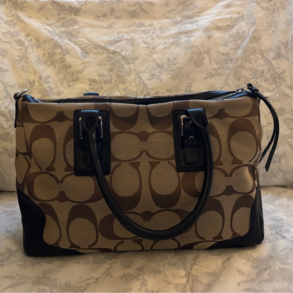 Coach Shoulder Bag- Signature Brown Jacquard Handbag Purse Hampton (F13812)